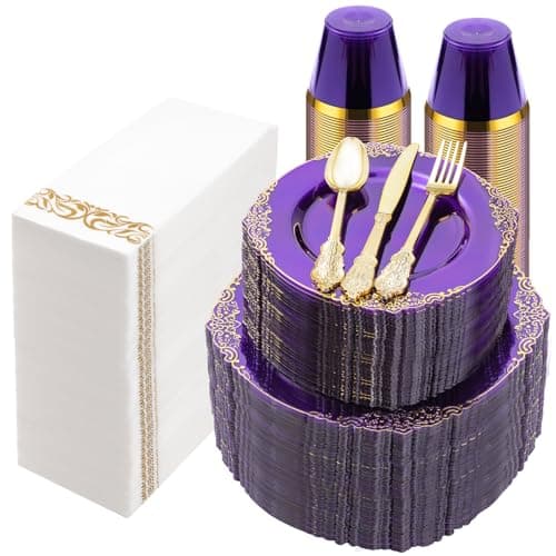 Bestluck 700PCS Clear Purple Plastic Plates for 100 Guests, Disposable Plate with Gold Trim include 100 Dinner plates, 100 Dessert Plates, 100 Gold Silverware, Cups and Napkins for Party, Graduation