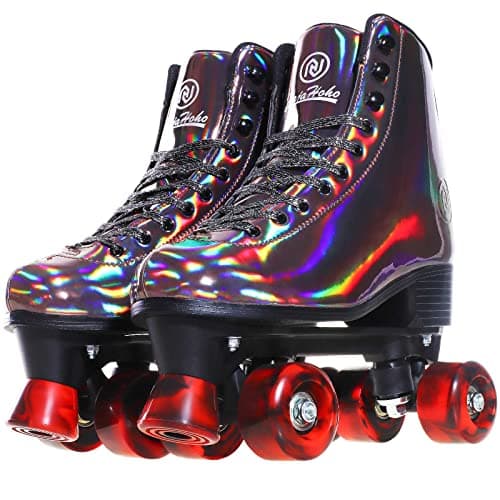 JajaHoho Roller Skates for Women and Men Holographic High Top Classic Rollerskates Shiny DoubleRow Four Wheels Quad Skates for Girls Age 850 Indoor Outdoor Size 6 Golden Black