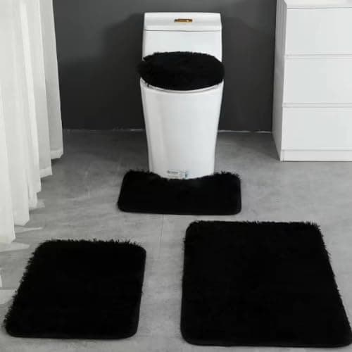 Huniupore 4 Piece Non Slip, Toilet Lid Cover and Contour Mat, Bath Mats Shower Mats Bath Rug Mat for Tub Toilet Bathroom (Black)