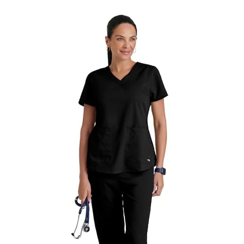 Grey's Anatomy Women's Two Pocket V-Neck Scrub Top with Shirring Back, Black, 2X-Large