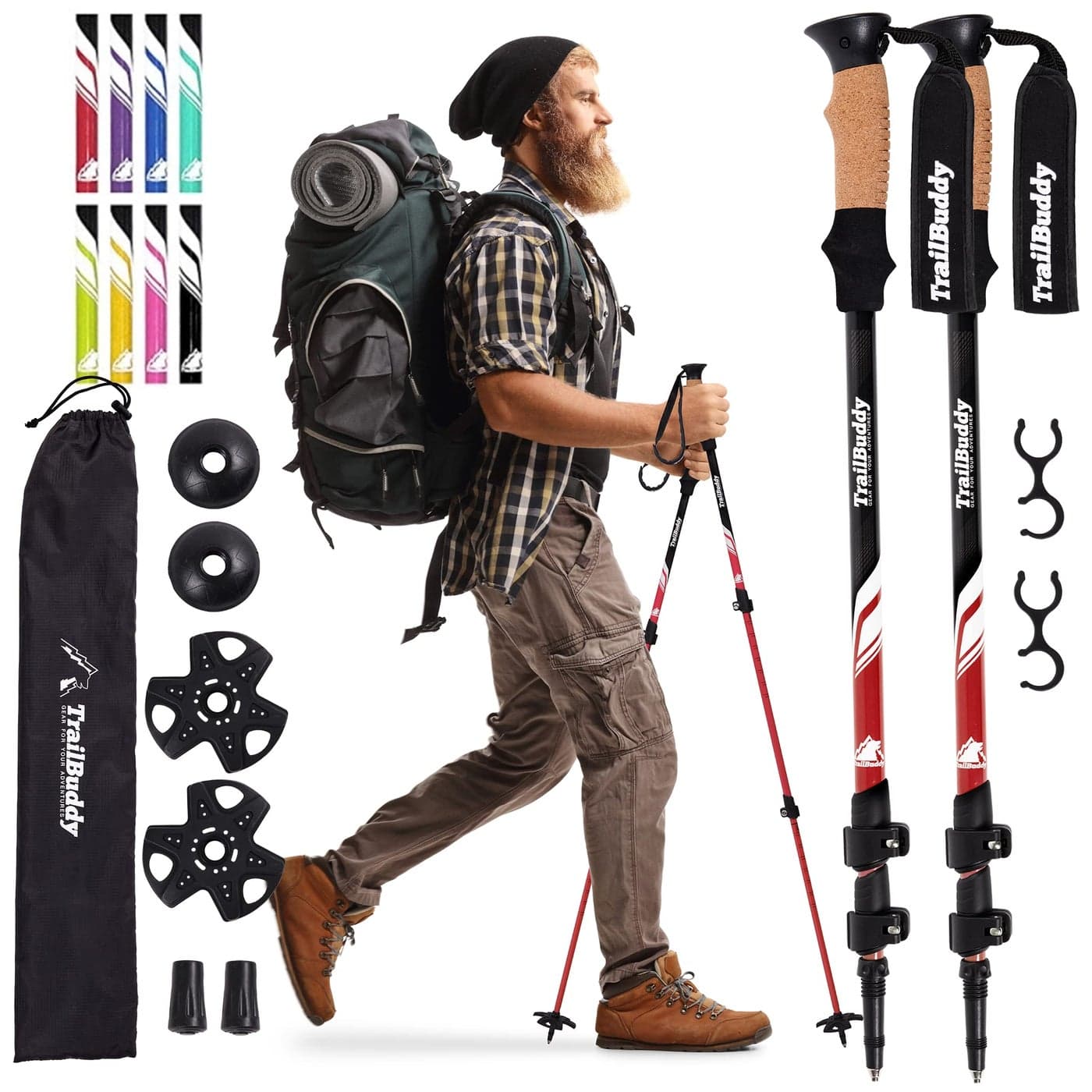 TrailBuddy Trekking Poles - Lightweight, Collapsible Hiking Poles for Backpacking Gear - Pair of 2 Walking Sticks for Hiking, 7075 Aluminum with Cork Grip Red Beetle
