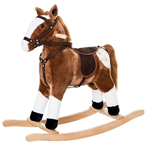 Qaba Kids Rocking Horse Plush Ride On Toy Toddler Rocker for Boys Girls Gifts with Realistic Sounds Brown