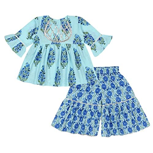 superminis Baby Girls Floral Printed Cotton Kurti Sharara Set (3-4 Years, Sky Blue)