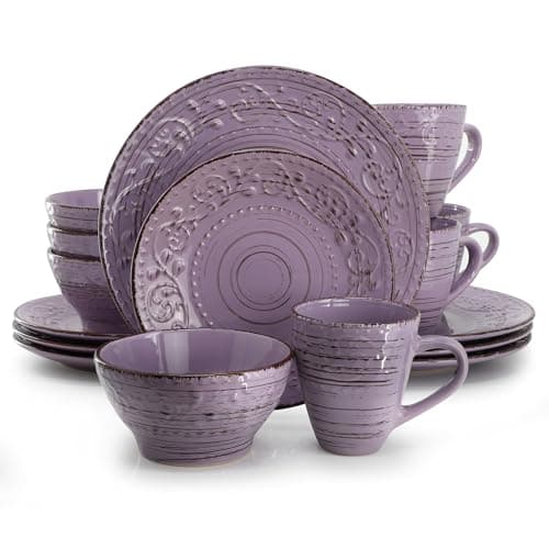 Elama Malibu Mica 16-Piece Stoneware Embossed Pattern Reactive Glaze Purple Dinnerware Set, Tableware, Serveware Set (Mica Purple)