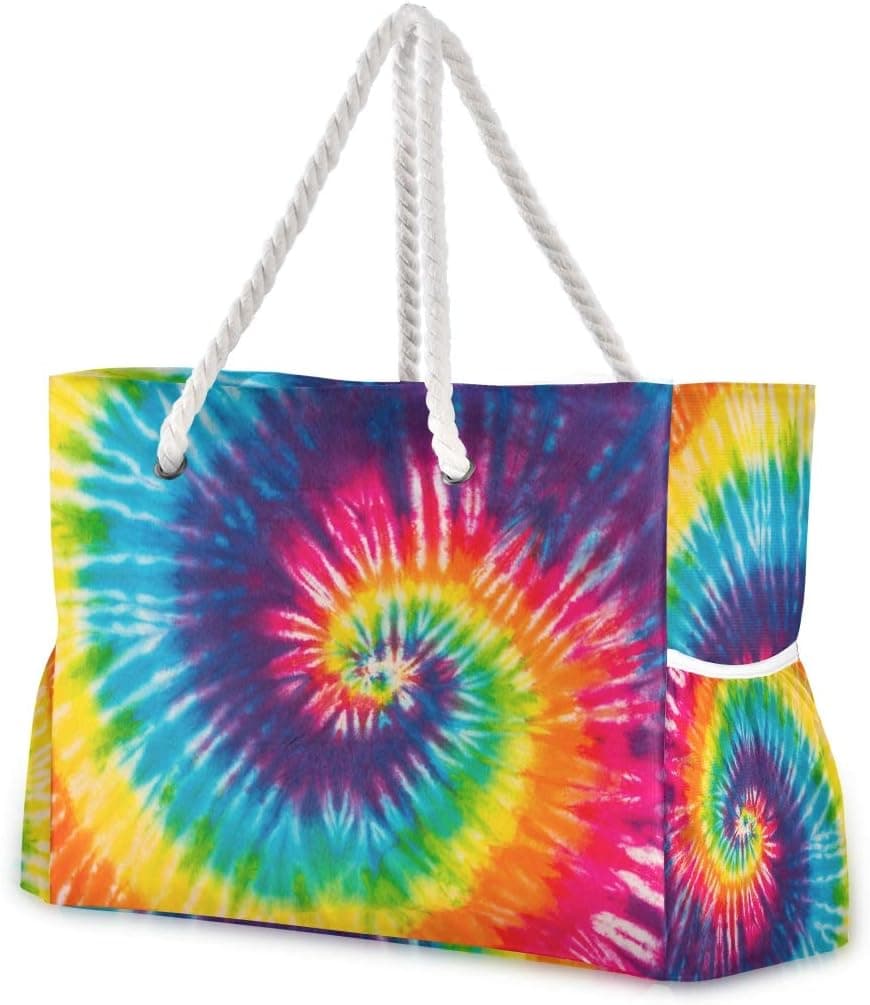ALAZA Beach Bag Abstract Swirl Design Tie Dye Shoulder Beach Tote with Cotton Rope Handles