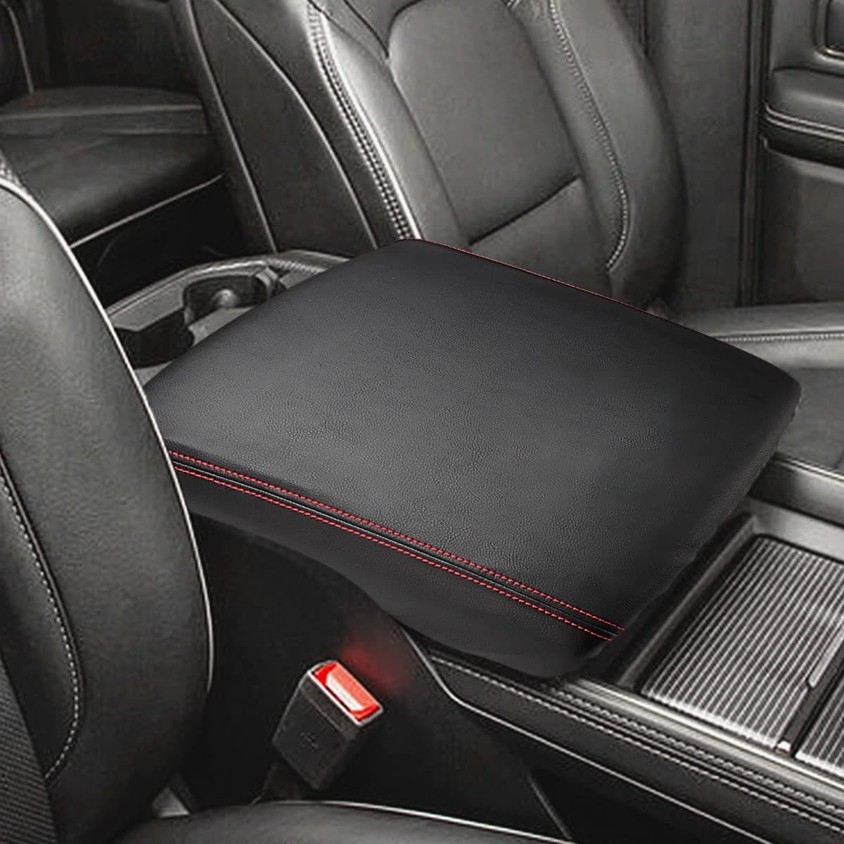 INTGET Car Center Console Armrest Cover for 2022 2023 Dodge Ram 1500 2500 3500 Accessories 2019 2020 2021 Arm Rest Box Lid Protector Pad Cushion Dog Seat Cover Black with red Stitches
