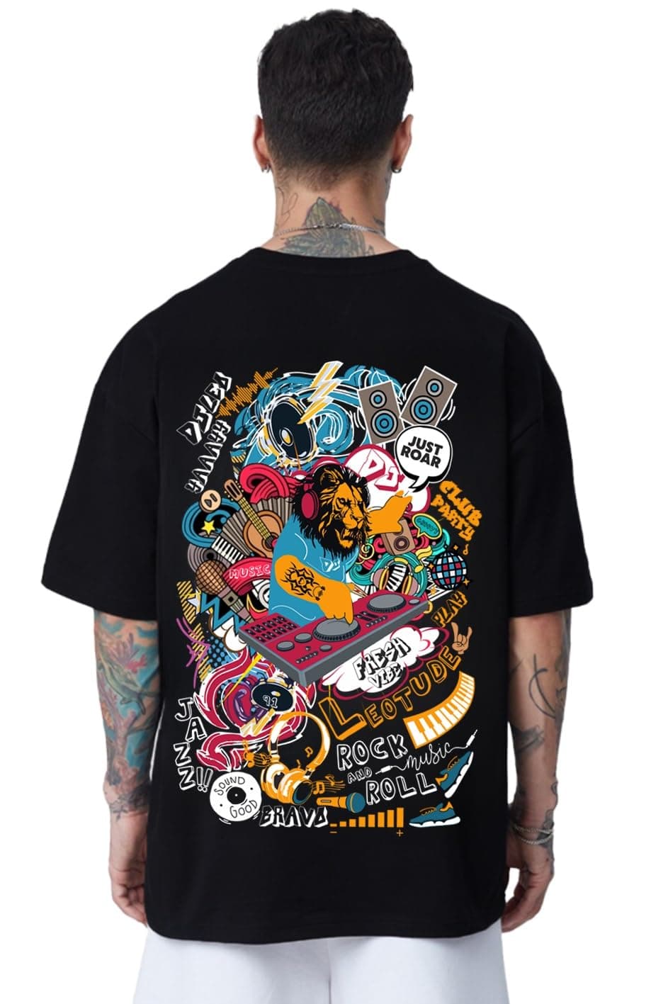 LEOTUDE Men's Oversized Half Sleeve Round Neck (Fs49_Blk_Tgr_P_Black_2Xl) Regular Fit Shirt
