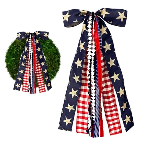 Ftuuo Large Patriotic Star Ribbon Bow for Wreath Red White Buffalo Plaid Fabric Ribbons Set Assorted Lace Ribbon 4th of July ClipOn Wreath Sash Ribbons Bundle for Patriotic Indoor Outdoor Decor