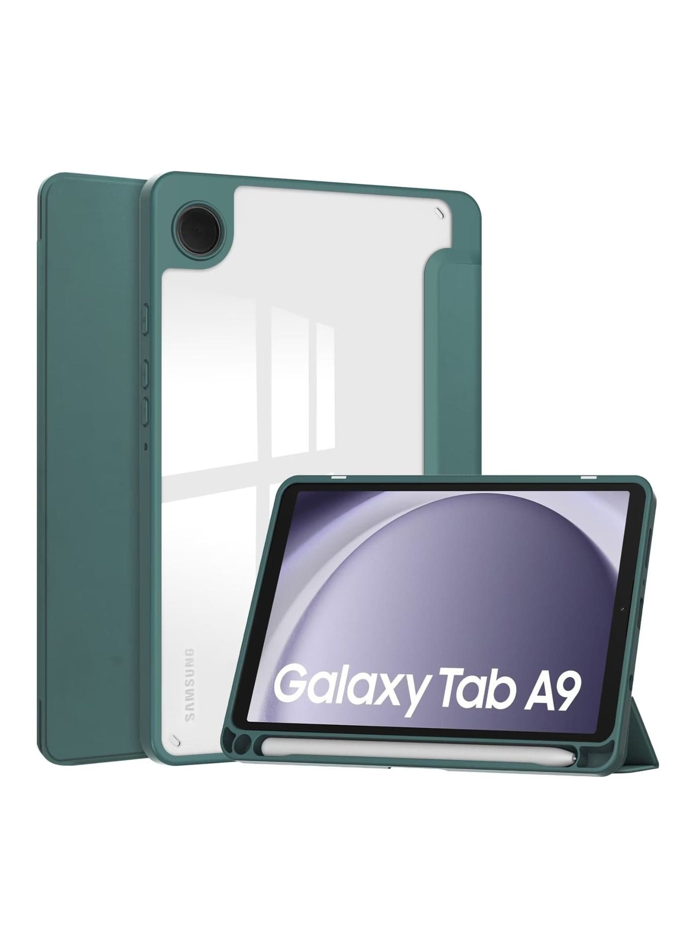 Transparent Hard Shell Back Trifold Smart Cover Protective Slim Case for Samsung Galaxy Tab A9 Green