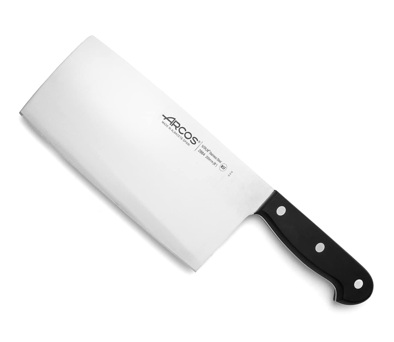 Arcos Cleaver Knife 8 Inch Nitrum Stainless Steel and 200 mm blade. 400 gr. Prolonged and heavy use. Ergonomic Polyoxymethylene POM Handle. Series Universal. Color Black