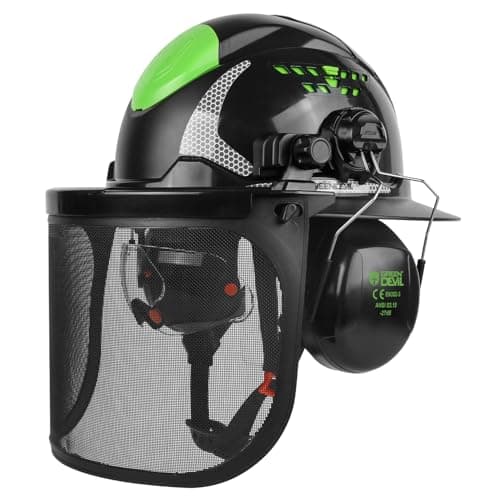 GREEN DEVIL Industrial Chainsaw Helmet with Face Shield Built in Visor and Ear Muffs 4 in 1 System ANSI Z89.1 Safety Hard Hat Adjustable Headgear Ideal for Forestry and Arborist Work Full Brim Style