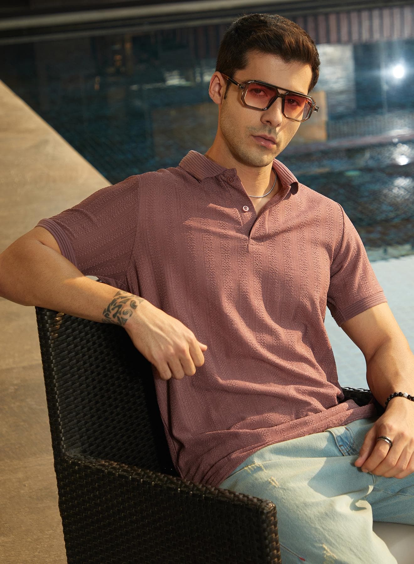Men's Grape Purple Texture-Lined Polo T-Shirt