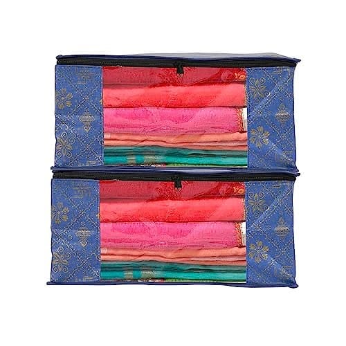 Perpetual Saree Organizer For Wardrobe -Large Size Foldable Saree Covers With Zip, Multipurpose Storage Bag For Suit, Lehanga, Dress Packing With Transparent Window Pack of 2 Pcs. (BlueTd2m)