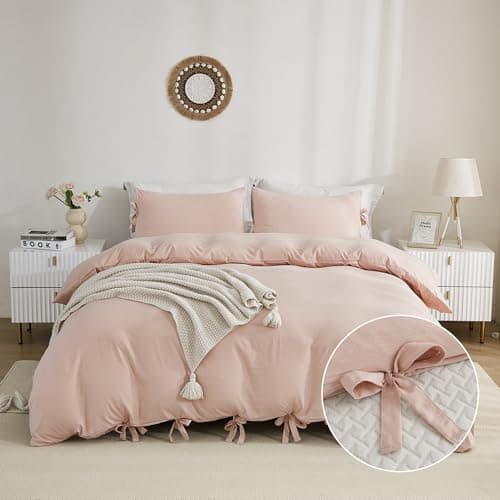 annadaif Pink Duvet Cover Queen (90x90 Inch), 3 Pieces (1 Duvet Cover, 2 Pillowcases) Soft Washed Microfiber Bowknot Bow Tie Duvet Cover Set, Easy Care Bedding Set for Men, Women
