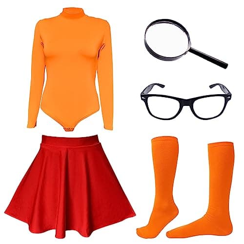 ATAMET Halloween Costume for Women,Sexy Long Sleeve Leotard Turtleneck Tops Bodysuit,Skater Skirt,Magnifying Glass,Socks and Glasses (Orange&Red, Small)
