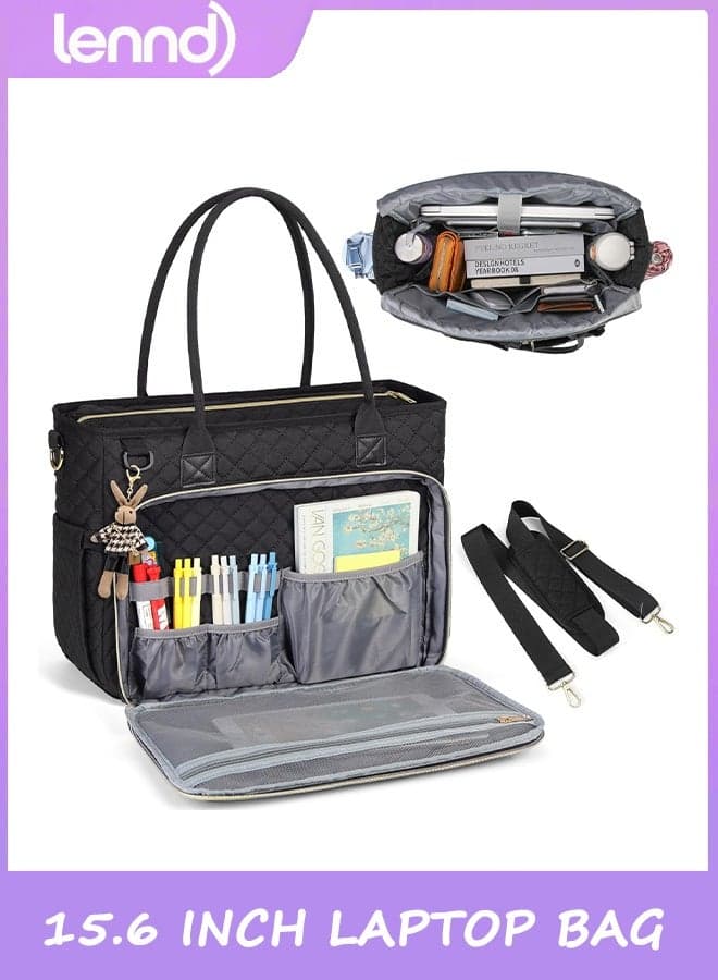 LENND Teacher Tote Bag 15.6 inch Laptop Bag for Women Work Bags Laptop Tote Nurse Bag Professional Computer Messenger with Insulated Pocket, Laptop Briefcase for Office, College, Nursing, Black