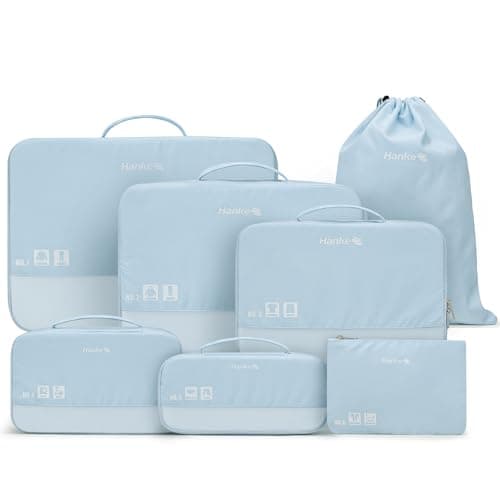 Hanke 7 Piece Expandable Compression Packing Cubes Premium Travel Packing Organizers for SuitcasesCarry On Luggage Organizer Bags with Breathable Mesh LabelLight Blue