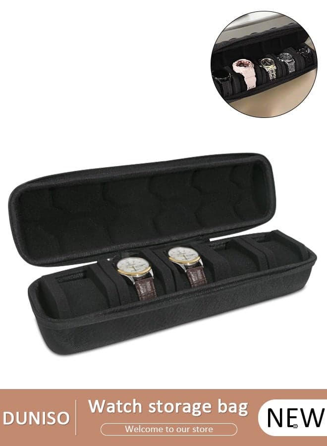 Watch Roll Travel Case Organizer For 5 Watches, Storage Organizer And Display With Innovative Watch Pillow, Fit Large Up To 60mm Faced Watches (Black, 5Slot)