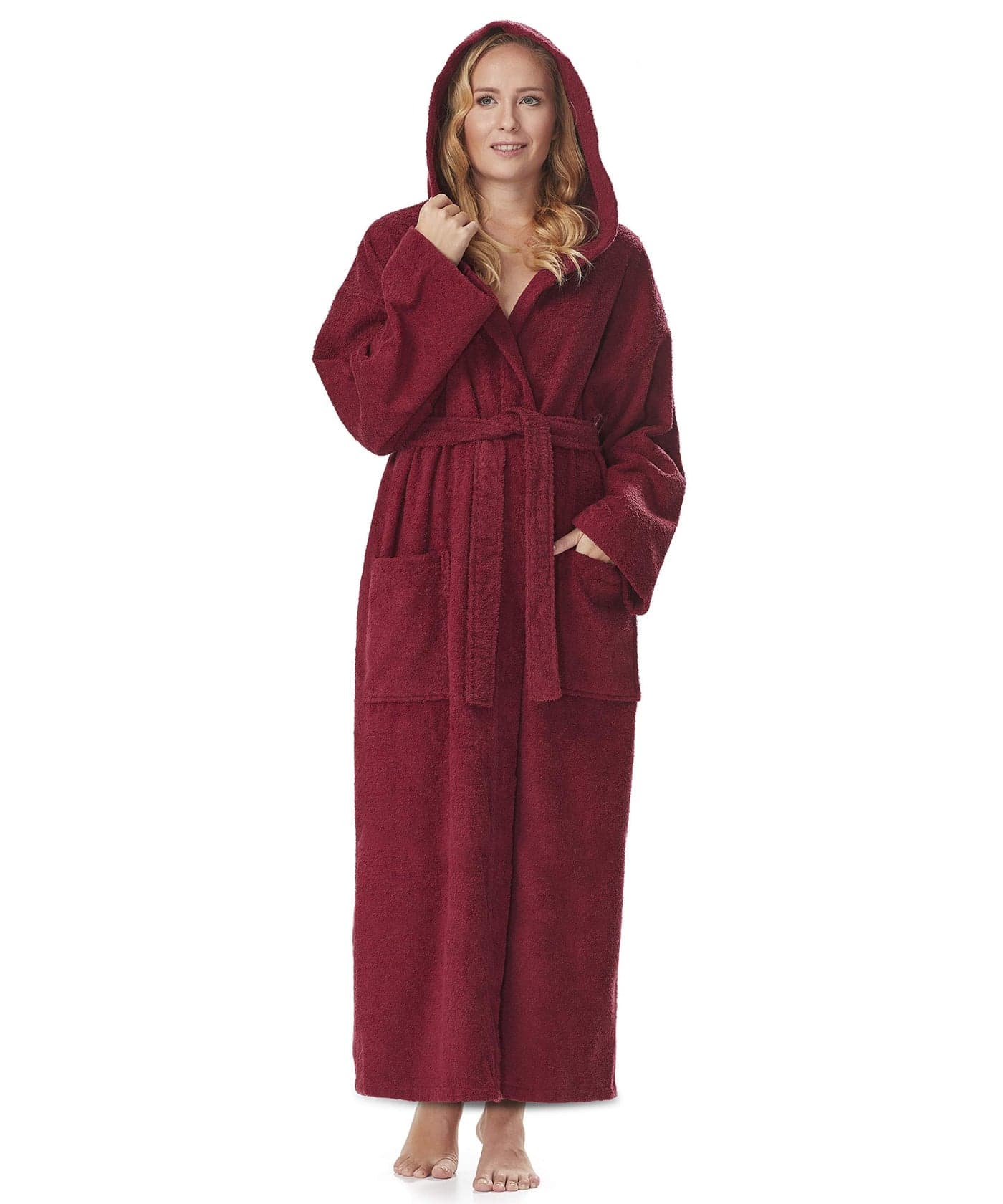 Arus Womens Classic Long Hooded Full Length Bathrobe Turkish Cotton Ankle Length Robe Burgundy LargeXLarge