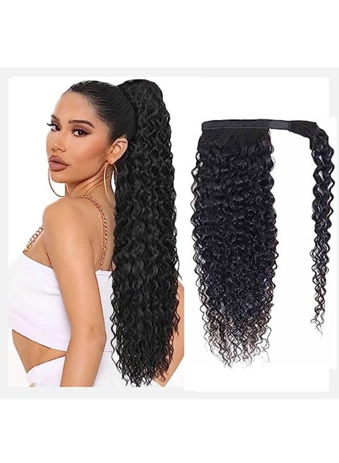 Seelaak Long 22 Inch Hair Ponytail Wrap Around Kinky Curly Thick Brazilian Human Hair Extensions Jerry Curl Clip ins Silky Hair Pieces Heat Resistant Curly Natural Black for Black Women22 inch