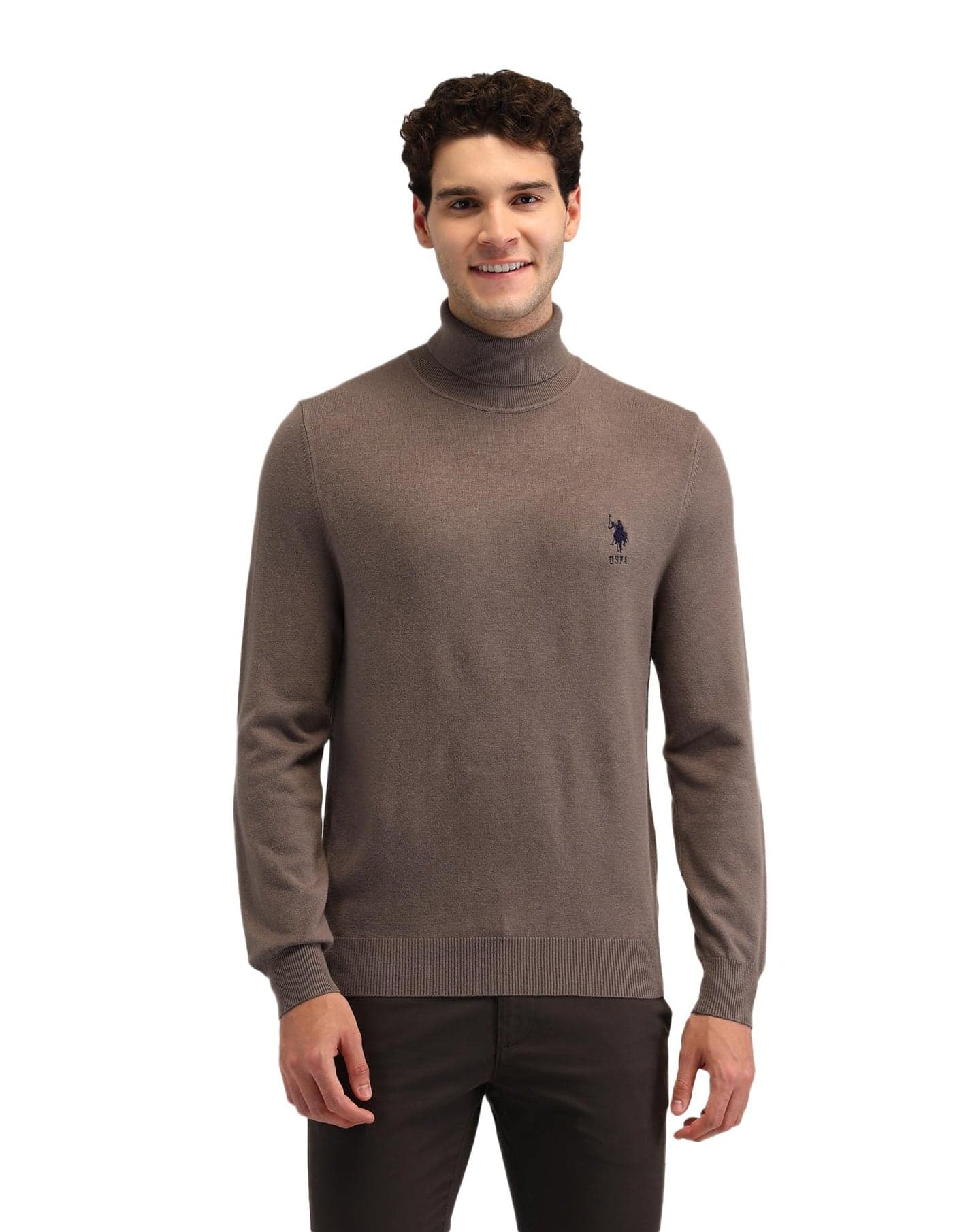 U.S. Polo Assn. Men's Brown Solid Turtle Neck Long Sleeve Casual Acrylic Regular Fit Pullover Sweater (USSWE2255_Brown_2XL)