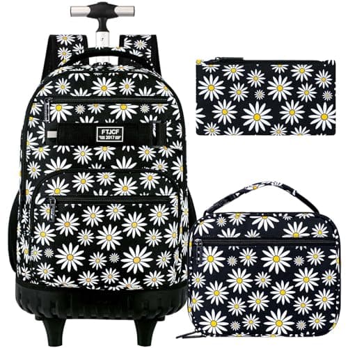 Girls Rolling Backpack, Women Roller Bookbag with Lunch Box for Adults, Water Resistant Wheeled School Bag for College Teens Kids Travel - Purple Flower