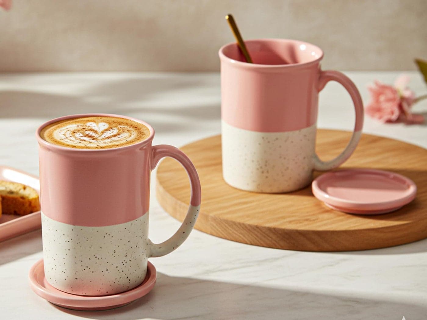 Bodhi House Ceramic Hand Glazed Tea and Coffee Mug with Coaster - 300ml | Set of 2 | Microwave & Dishwasher Safe | for Home Office - Pink