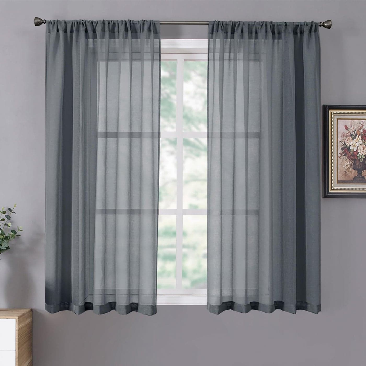Tollpiz Short Sheer Curtains Linen Textured Bedroom Curtain Sheers Light Filtering Rod Pocket Voile Curtains for Living Room 54 x 45 inches Long Dark Grey Set of 2 Panels