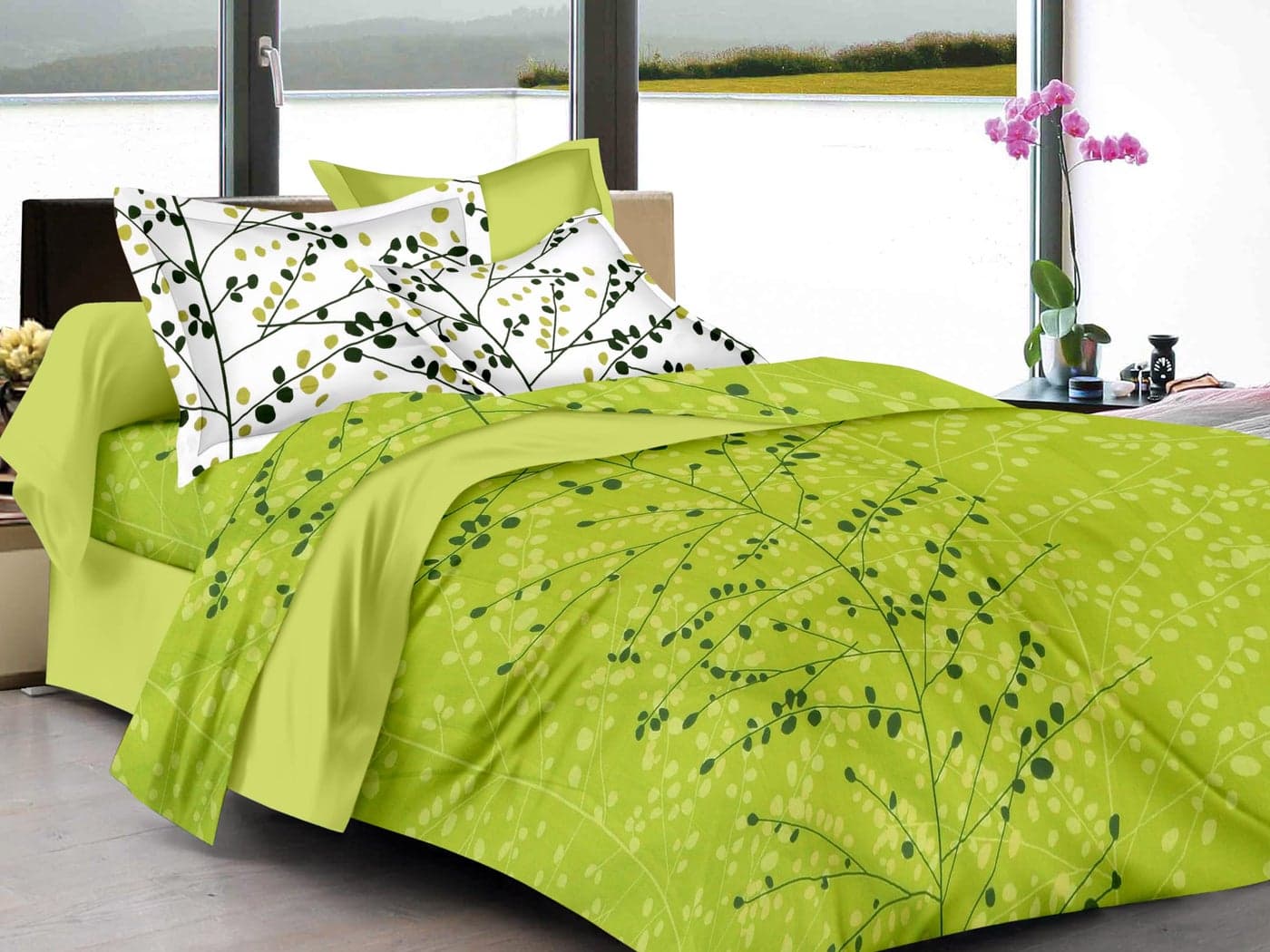 Huesland by Ahmedabad Cotton 144 TC Cotton Single Bedsheet with 1 Pillow Cover - Green