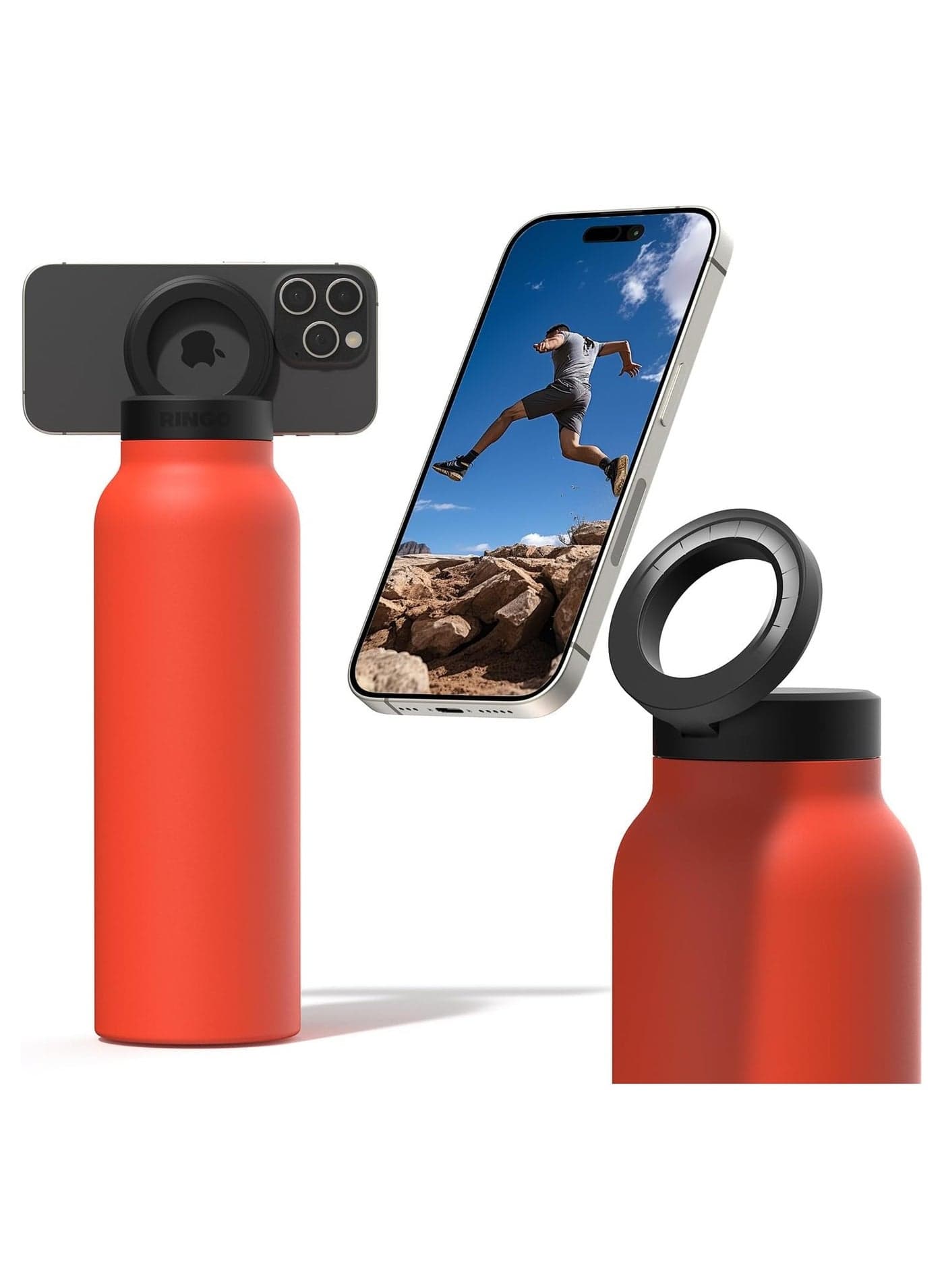 Tripod Insulated Water Bottle for iPhone with Magnetic Phone Mount Stainless Steel Water Bottle with Tripod Phone Holder Perfect for Gym & Travel | Hot 12H, Cold 24H, 360° Rotate | Red 24oz