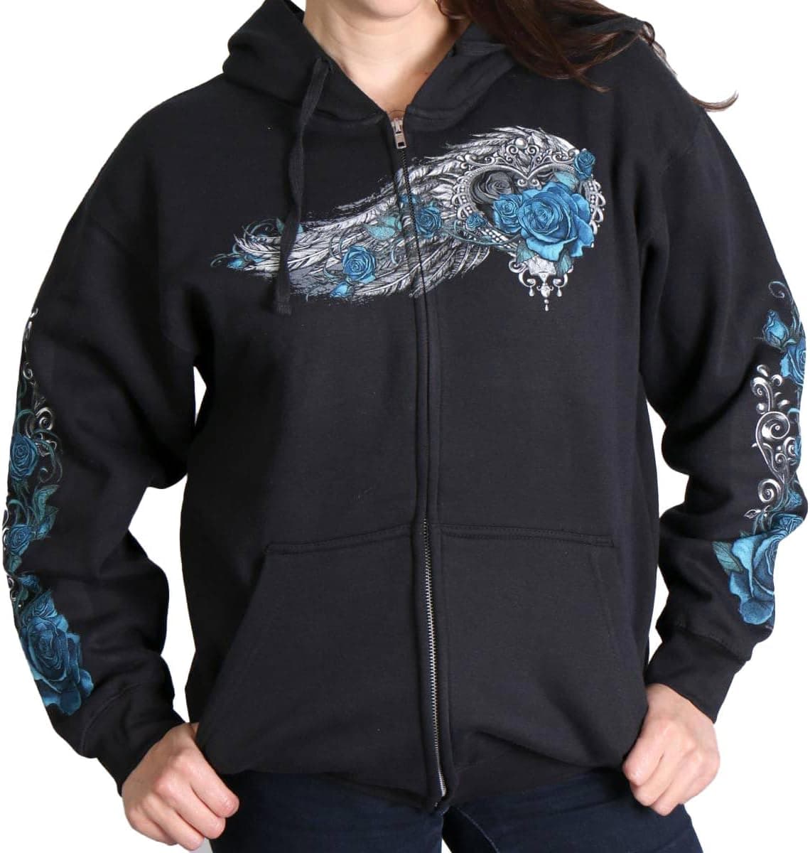 Hot Leathers Angel Roses Zip-Up Women's Hooded Sweatshirt - Black, X-Large