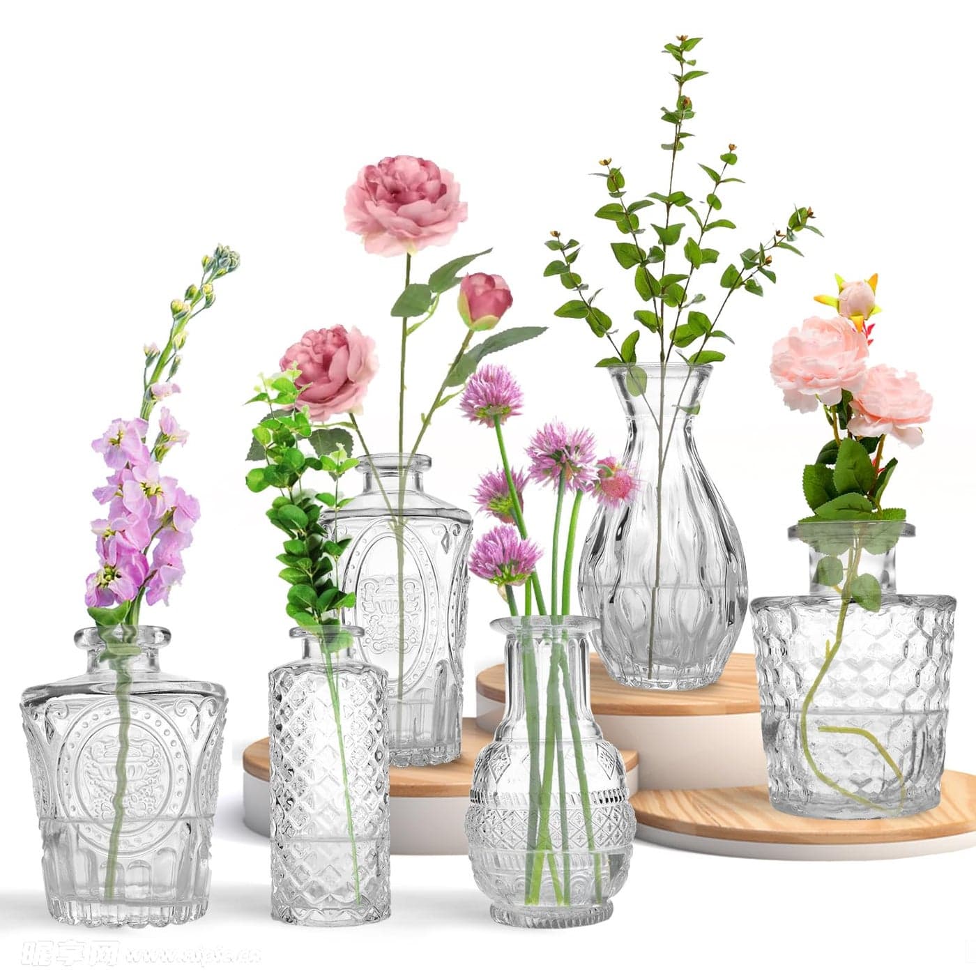 KETWOD Glass Mini Vases 5 Inch Height Set of 4 Transparent Bottle Shape for Home and Flowers 6