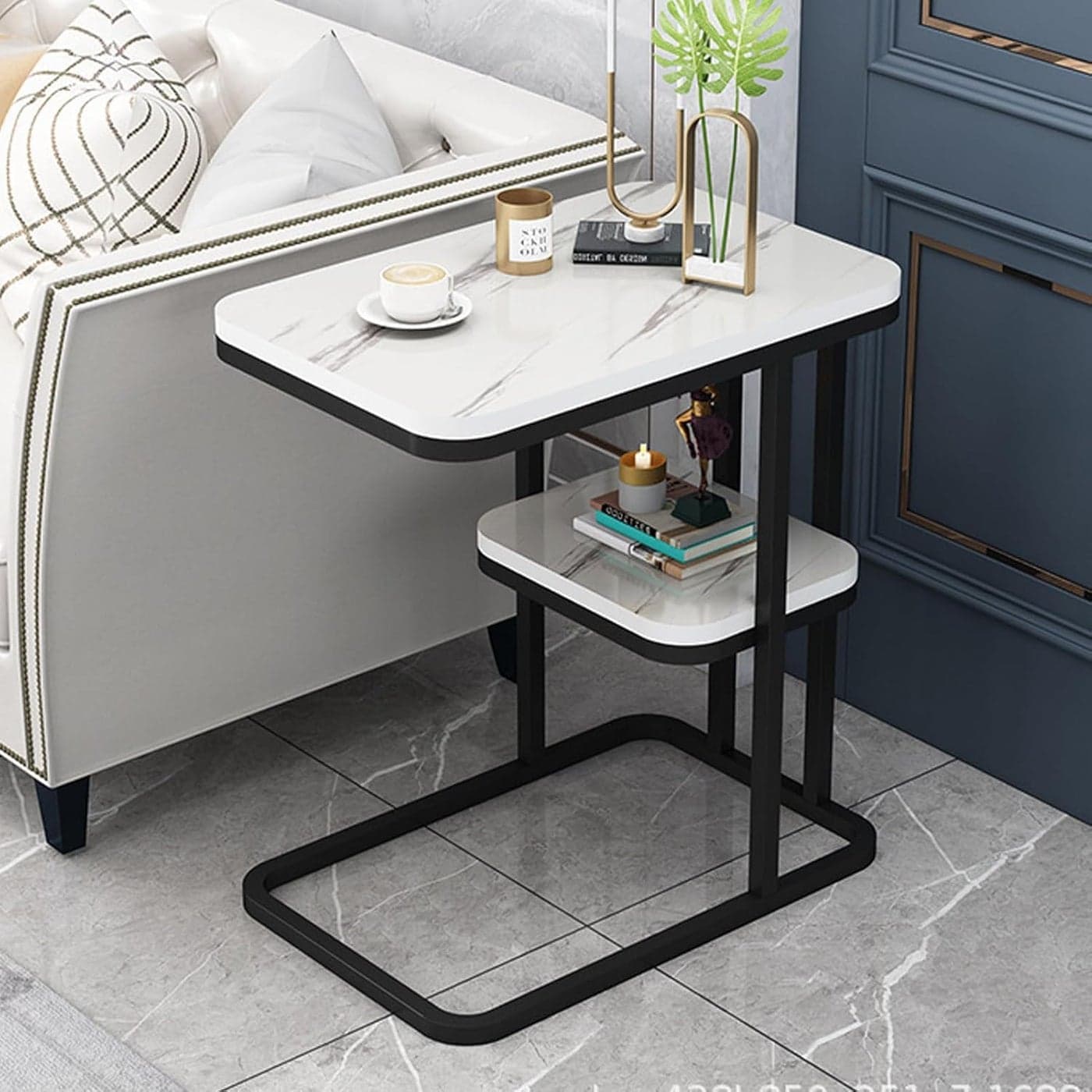 Jumix CShaped End Table Marble Effect Side Table Modern Coffee Table with Storage Shelf and Metal Frame for Small Spaces Living Room Bedroom 50x30x60cm WhiteBlack