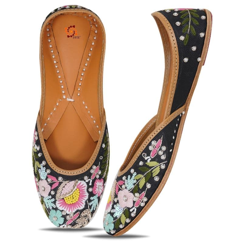 DFR Traditional Hand Dabka Zari Embroidery Rajasthani Ethnic Punjabi Comfortable Sole Cushioned Stylish Fancy Bellies Mojari Jutti for Women, Black, 6