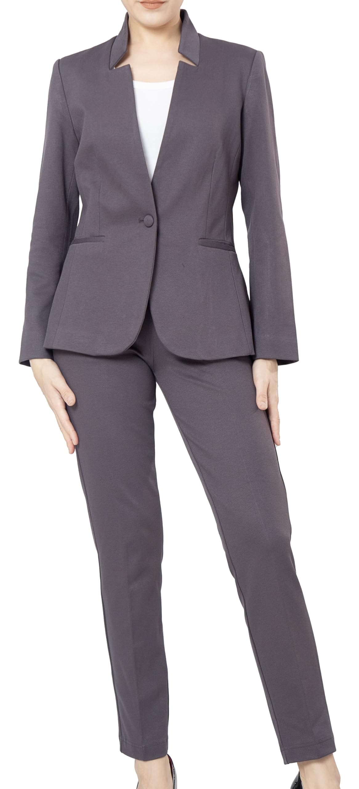 Marycrafts Womens Professional Stand Up Collar Blazer Pant Suits 2 Piece Set Business 10 Gray