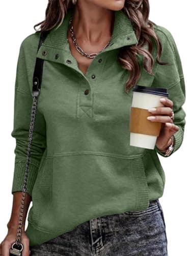SHEWIN Womens Sweatshirt Casual Long Sleeve Lightweight Sweatshirts Loose Button V Neck Pullover Tops Fall Clothes for Women 2025,US 12-14(L),Olive Green