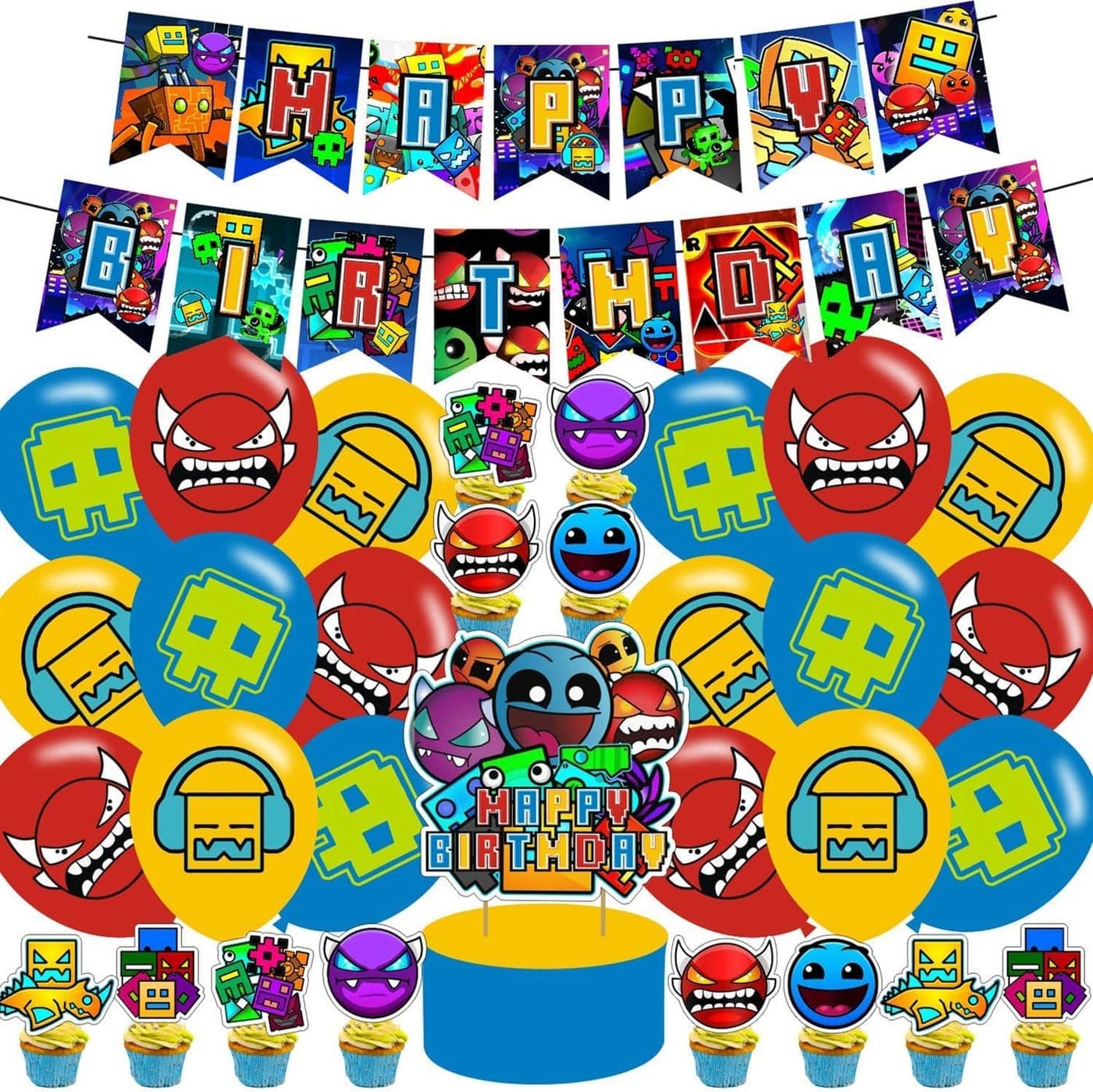 Geometry Aesthetic Dash Birthday Party SuppliesGeometry Aesthetic Dash Balloons Decorations for Cartoon Dash Game Party Happy Birthday Balloons Cupcake Toppers Cake Toppers