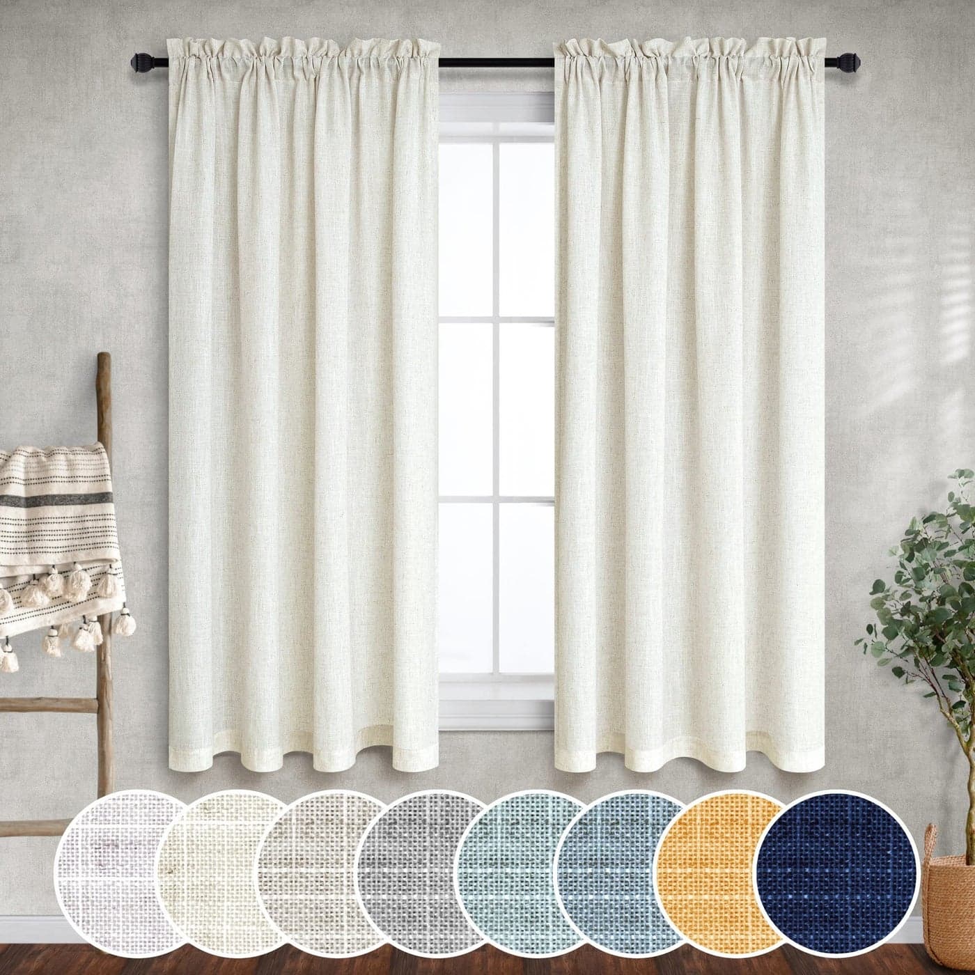 MrsNaturall Kitchen Curtains 45 Inch LengthFarmhouse Boho Sheer Linen Rod Pocket Lace Cafe Short Curtains 45 Inches Long for Bedroom Bathroom Small Windows 2 Panels SetCream