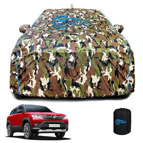 AUTOBIRSA Waterproof Car Body Cover Compatible with Maruti Suzuki Brezza VXI at Mirror Pocket and Antenna Pocket, Triple Stitched (Jungle Print with Blue Piping Design)
