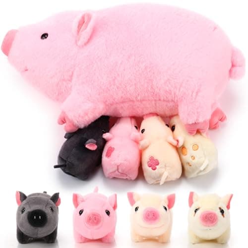 Honoson Nurturing Pig Stuffed Animal with Babies Cuddly Nursing Mommy Pig Plushy with 4 Stuffed Magnetic Piggy Toys for Kids Boys Girls Birthday Gifts Family Funny Toys Party Decors FarmLovely