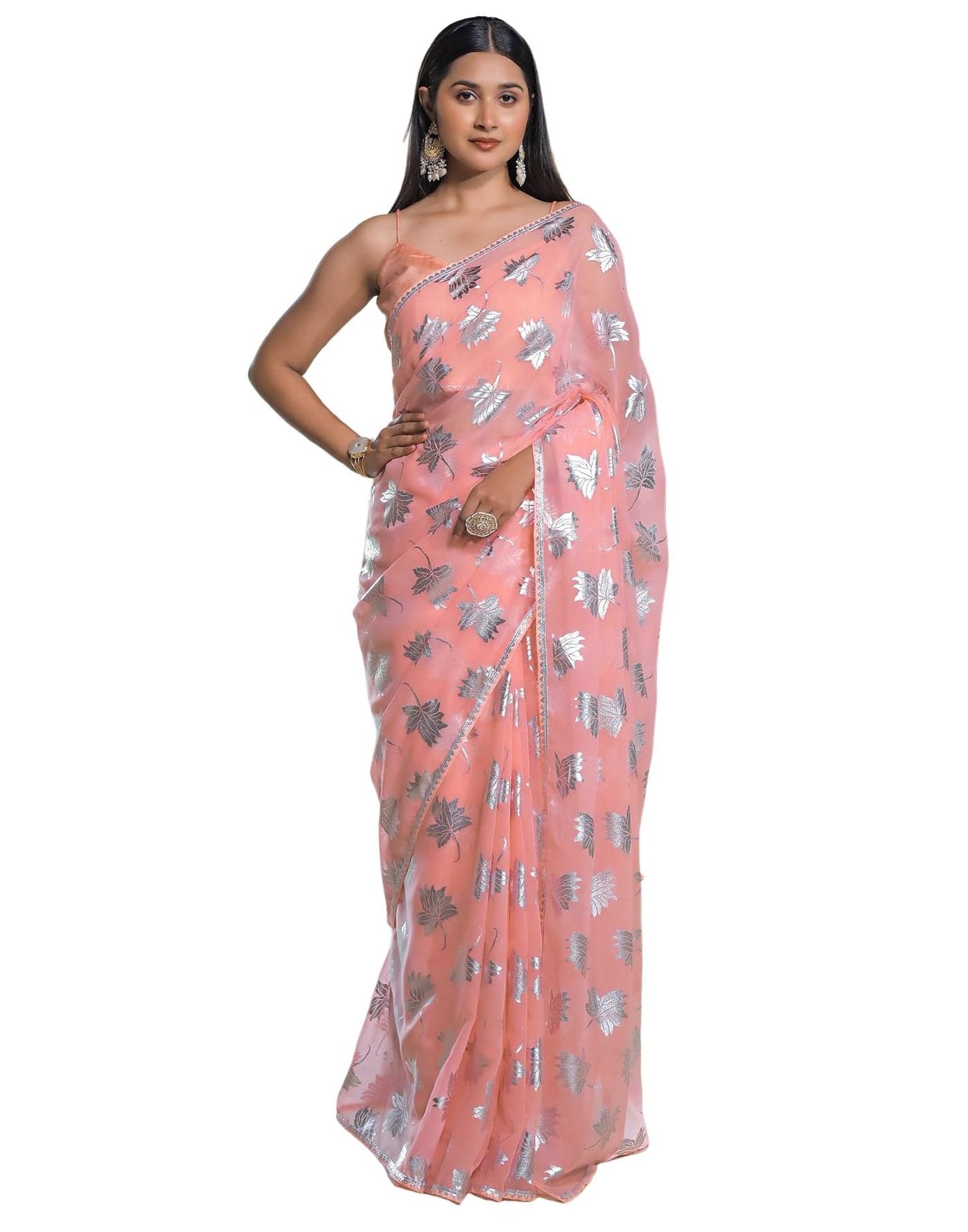 SIRIL Women's Georgette Foil Print Saree With Unstitched Blouse (4443S341_Peach)