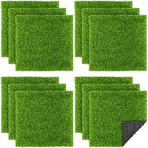 TURSTIN 12 Pieces Artificial Grass Mat Square 12 x 12 Inch Fake Turf Patch Indoor Outdoor Garden Lawn Patio Balcony Synthetic Turf Mat Realistic Grass Rug for Crafts Miniature Garden DIY Grass Green