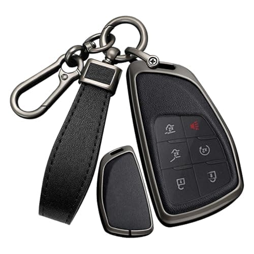 SANRILY PU Leather 3/4/5/6 Button Smart Key Fob Cover Fit for Buick Envision Avenir & Chevy Suburban Tahoe & GMC Yukon Denali Sierra Silverado Keyless with Keychain Black