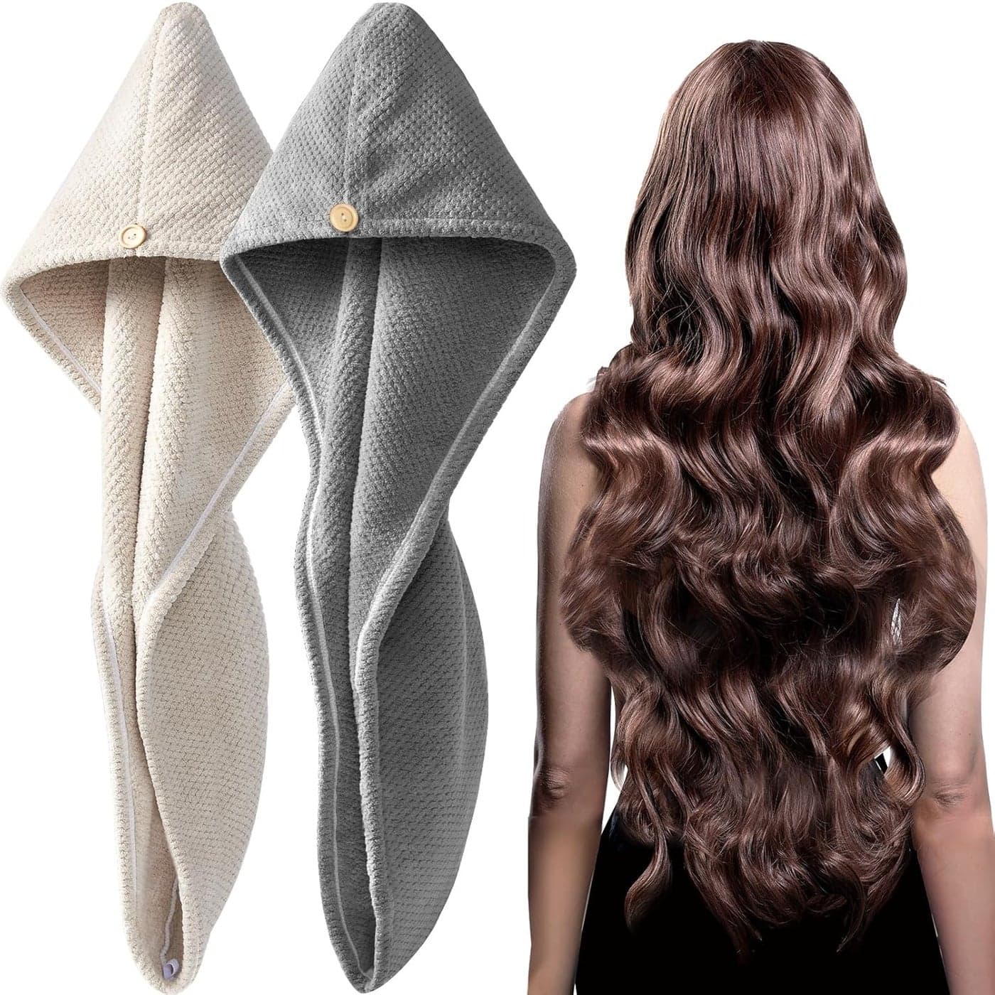 YFONG 2 Pack Large Microfiber Hair Towel Wrap Super Absorbent Quick Dry Hair Turban for Drying Long Thick Curly Hair Anti Frizz Drying Towel with Button