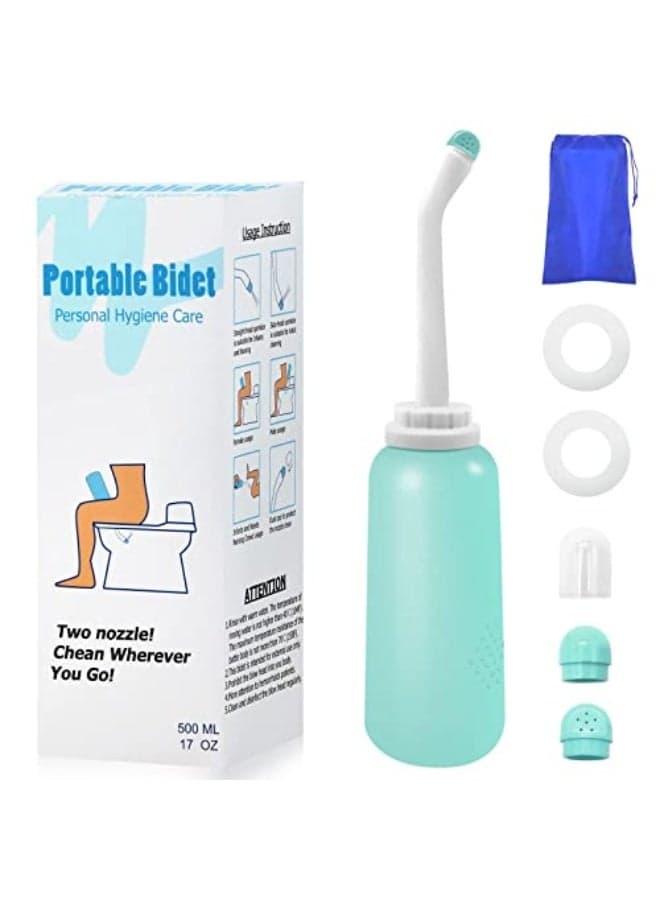 Peri Bottle, Portable Travel Bidet with Bag, TPE Material Can Be Boiled, 17oz/500ml with 2 Sealing Rings,Essentials for Postpartum Perineal Care,Hemorrhoid Treatment,and Baby(Green)