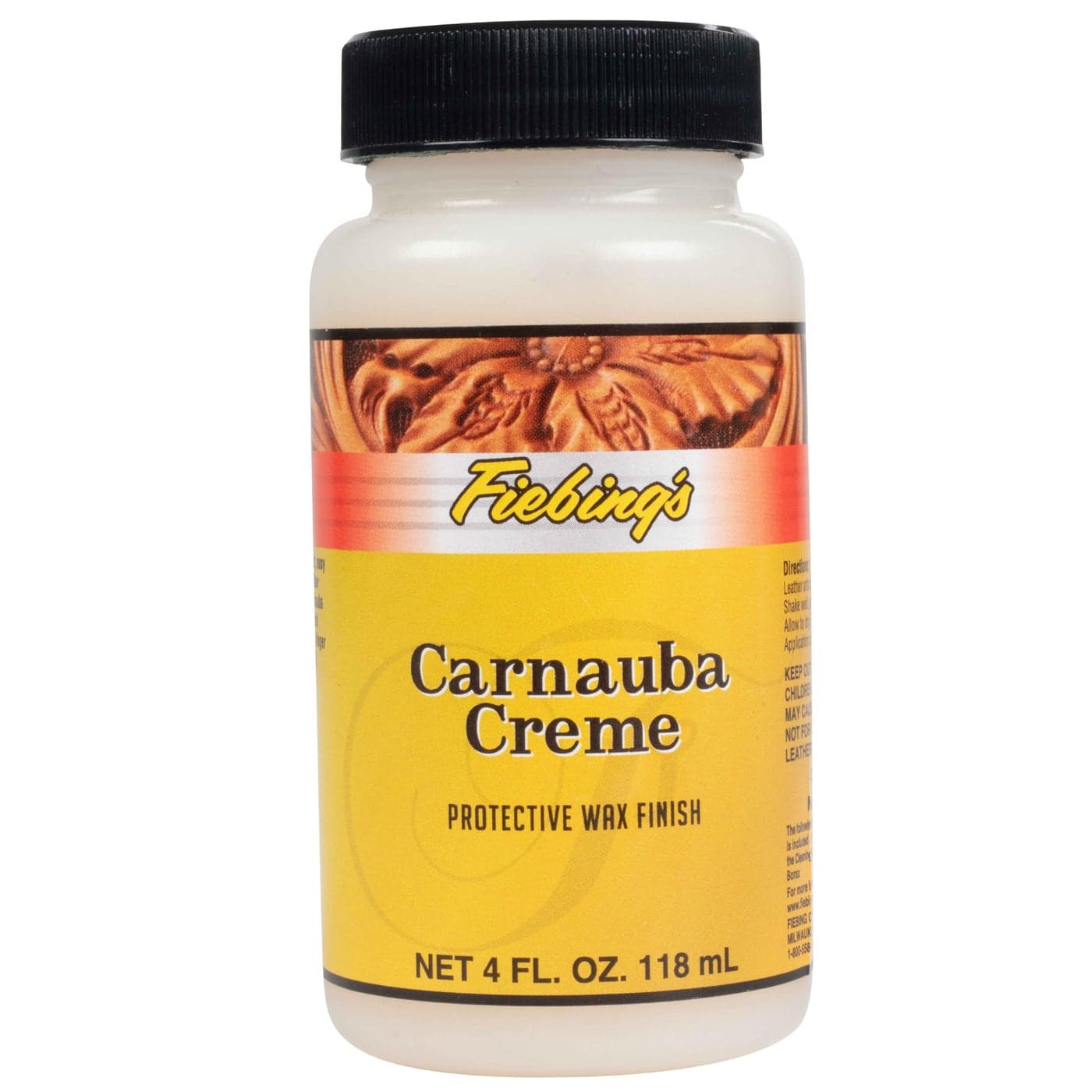 Fiebings Carnauba Wax 4 oz Protective Leather Wax Creme Resists Fingerprints Scuff Marks Flexible High Gloss Top Coat Finish to Restore Smooth Leathercraft Car Seat Boot Shoe Purse