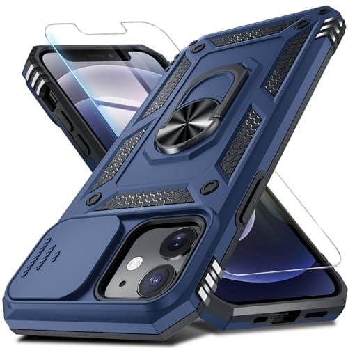 Janmitta Case for iPhone 12 12 Pro Phone Cover Built in Slide Camera Lens CoverScreen ProtectorHeavy Duty Shockproof Full Body PhoneCase with Finger Ring Holder KickstandBlue