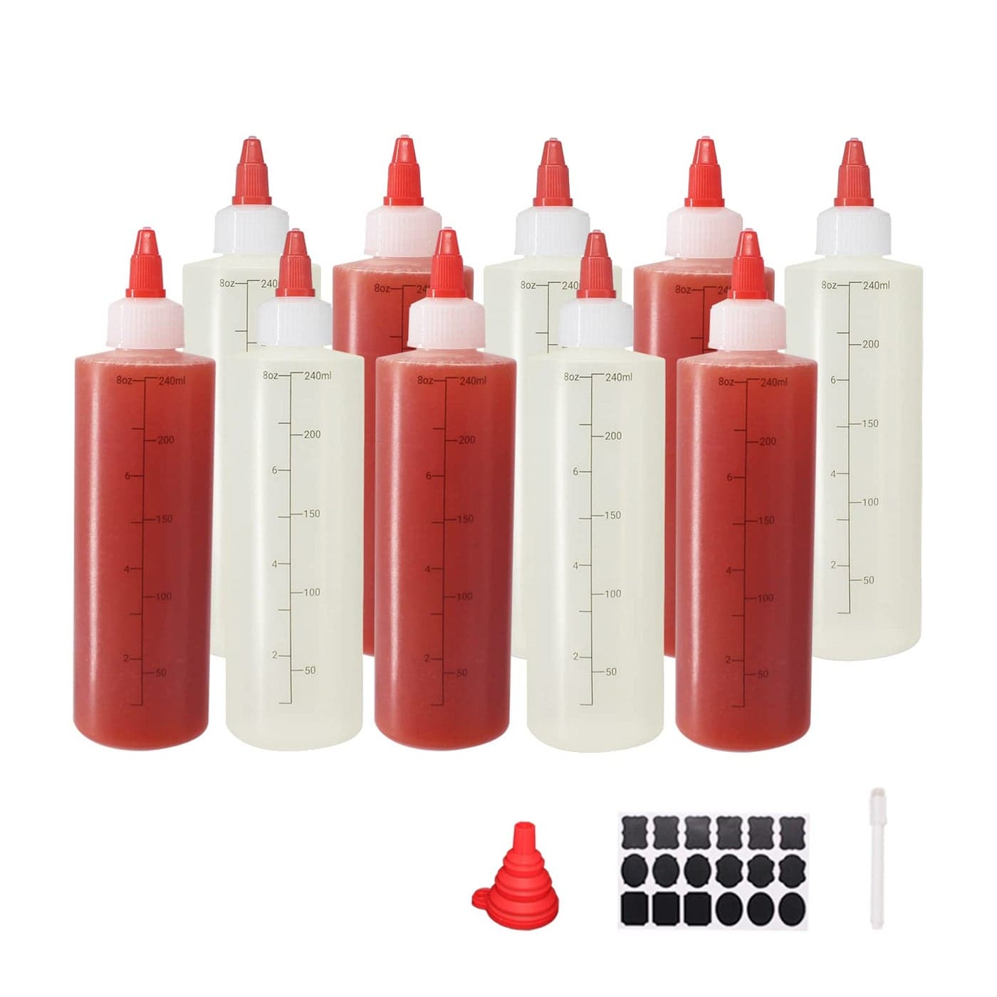Belinlen 10 Pack 8 oz Graduated Plastic Squeeze Squirt Condiment Bottles with Red Twist On Cap Lids for Condiments Oil Icing Liquidswith Extra 1 Silicone Funnel 18 Chalk Labels and 1 Pen