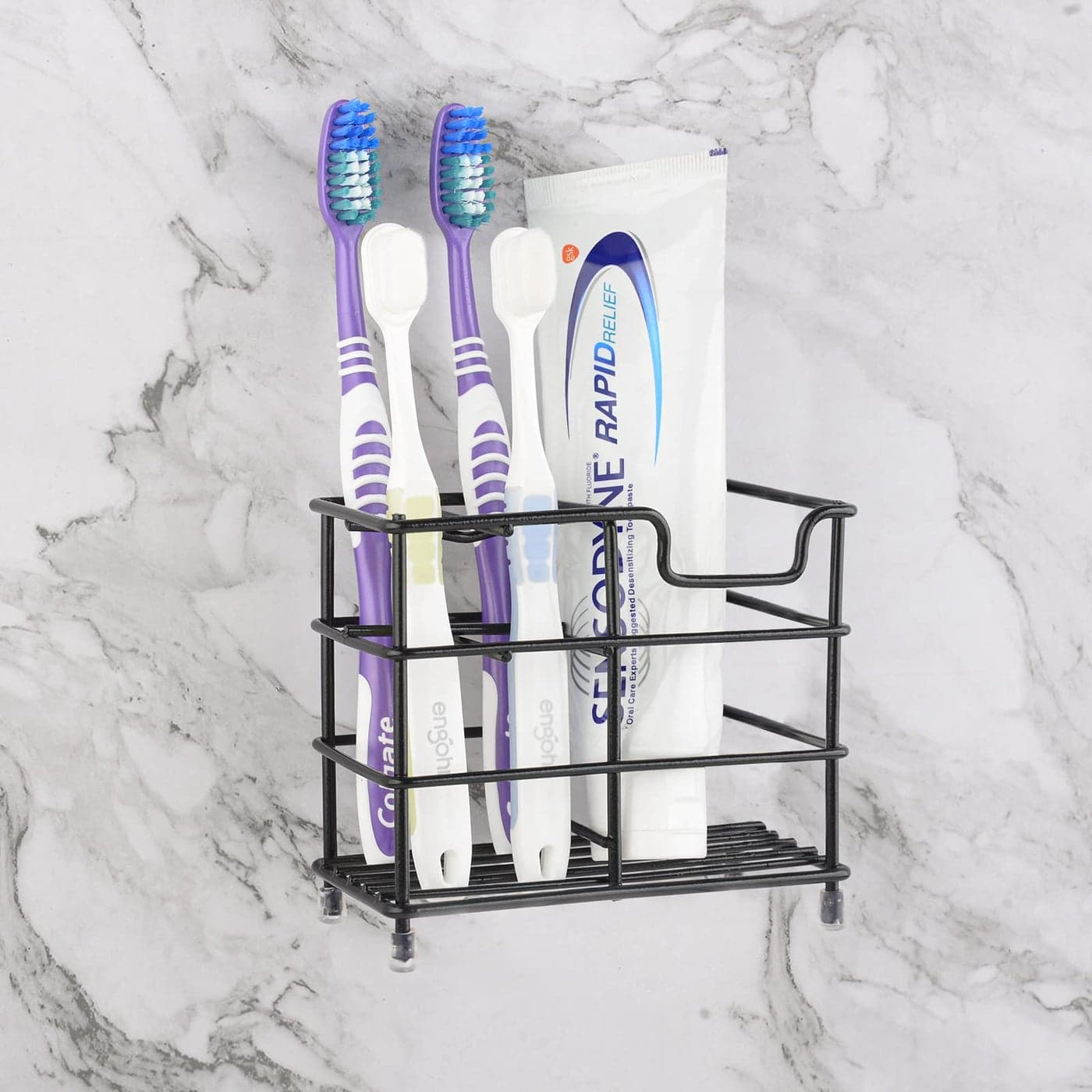 Linkidea Wall Mount Toothbrush Holder for Bathroom Stainless Steel Tooth Brush Stand for Electric Toothbrush Toothpaste Razor Self Adhesive WallmountCountertop 5 Slots Organizer Black