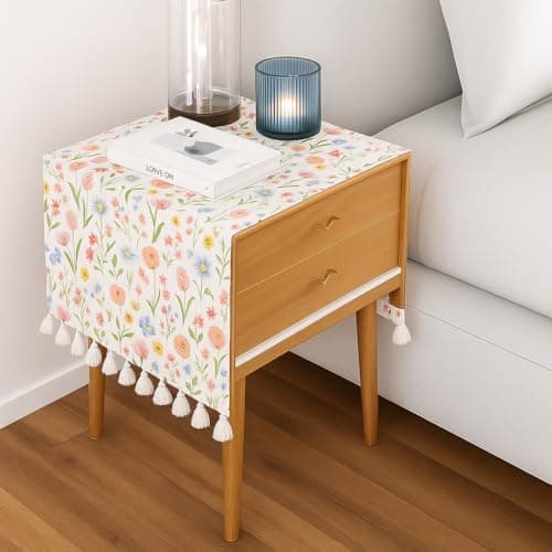 WWW.THROWPILLOW.IN Spring Floral Tassel Bedside Table Runner 13x26 Inches | Fits 1.5 Feet Long Nightstand, Bed Table, Bedroom Small Runner for Bed Side Table, Bedside Cabinet | Diwali Decor